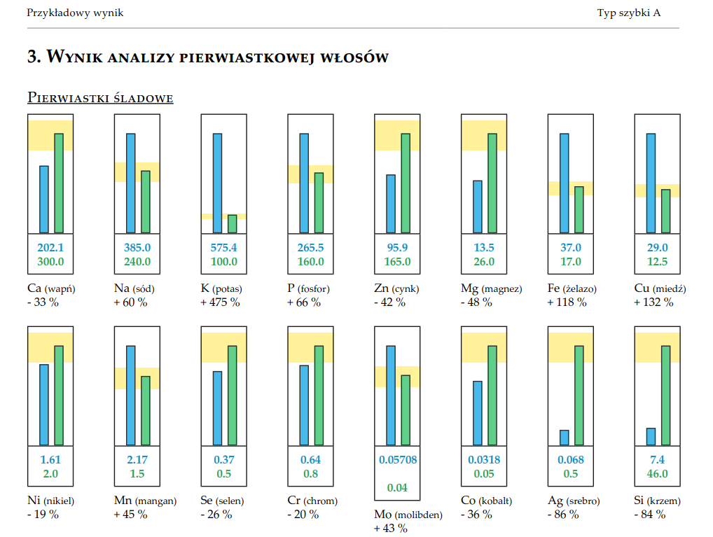 Przykładowy wynik badania Analiza Pierwiastkowa Włosów
